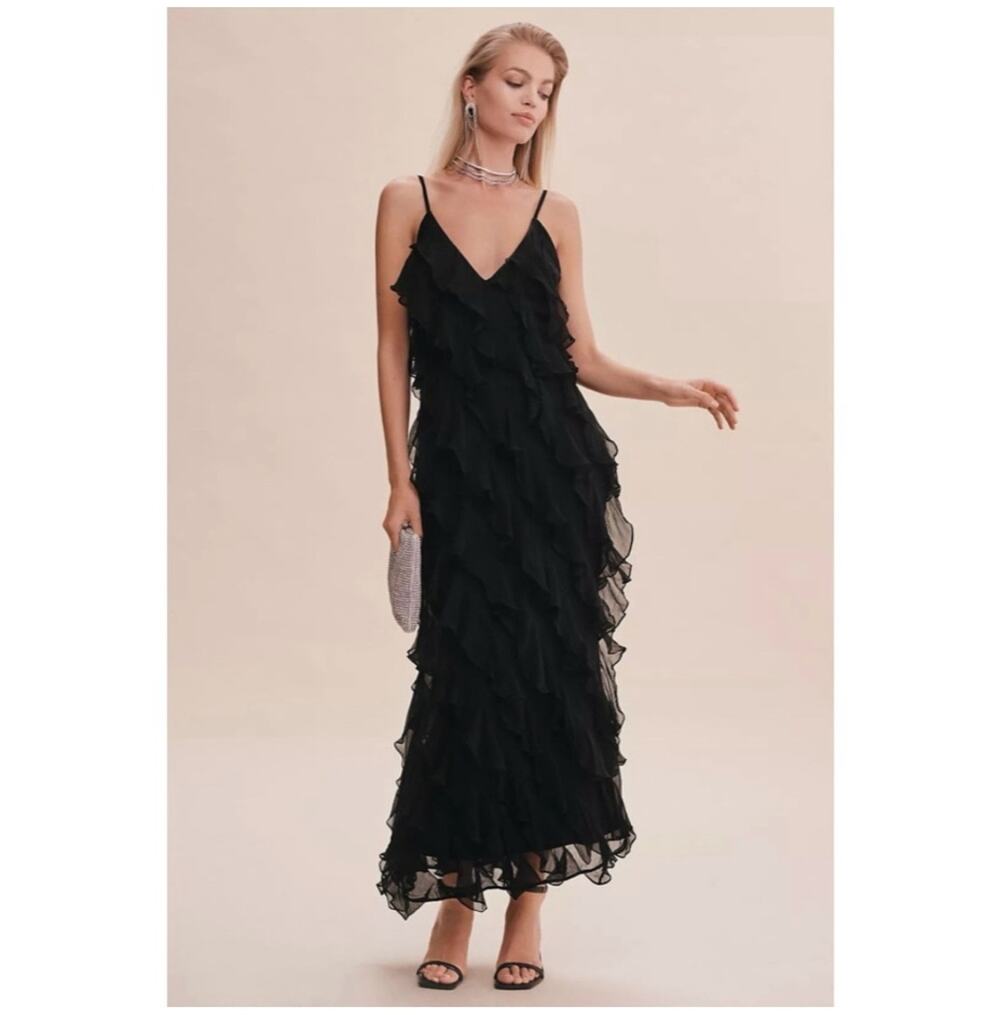 BHLDN Jia Bias-Cut Ruffled V-Neck Gown Size 8
